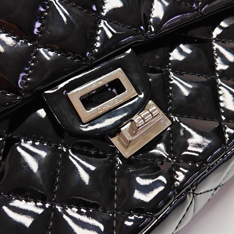 CHANEL 2.55 大號 黑色漆皮菱格紋單肩包斜挎包 銀色五金 13開-13