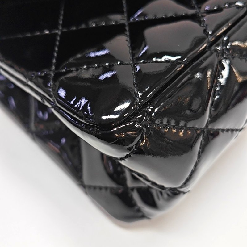 CHANEL 2.55 大號 黑色漆皮菱格紋單肩包斜挎包 銀色五金 13開-15