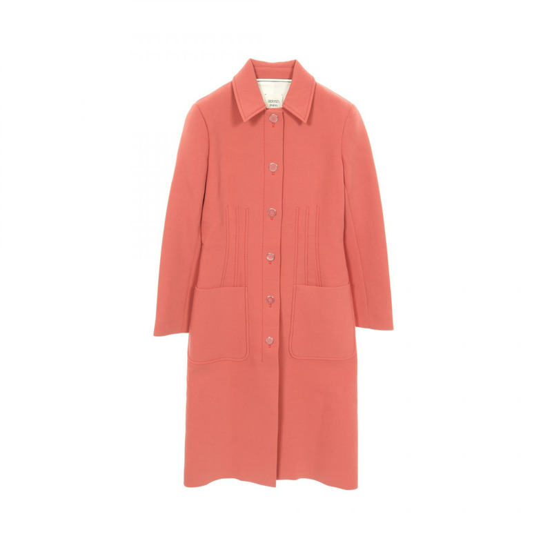 愛馬仕 Serie 系列連結不鏽鋼領羊毛大衣 紅色 #34 二手女款-0