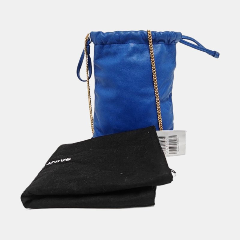 YSL藍色羊皮單肩包斜挎包金色五金9.8新-7