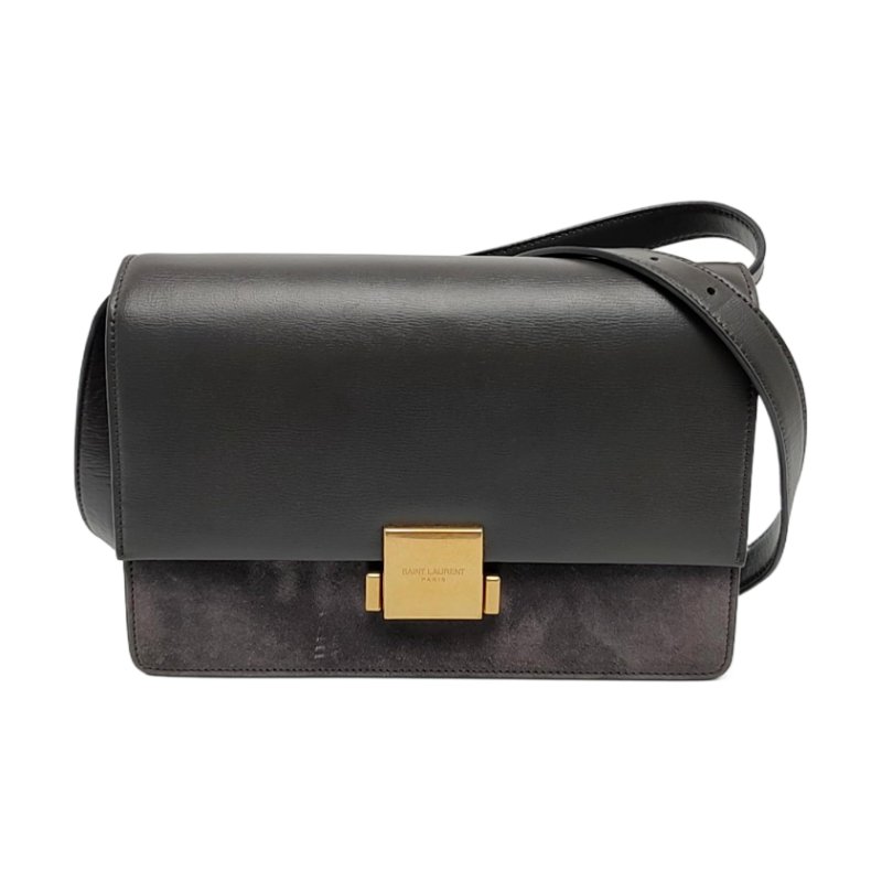 YSL BELLECHASSE深灰色牛皮單肩包斜挎包手提包金色五金可拆卸肩帶9.8新-0