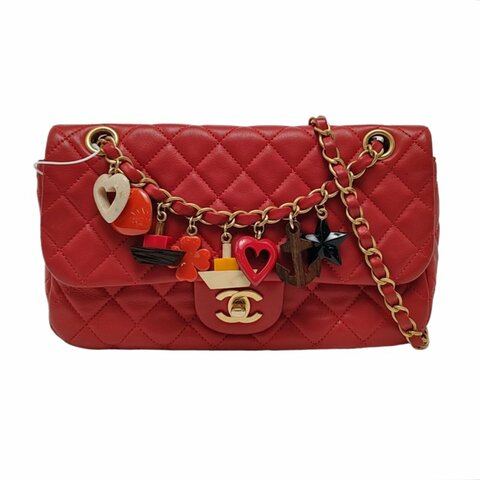 CHANEL CLASSIC FLAP中號紅色羊皮菱格紋徽章單肩包斜挎包金色黑色白色紅色五金14開