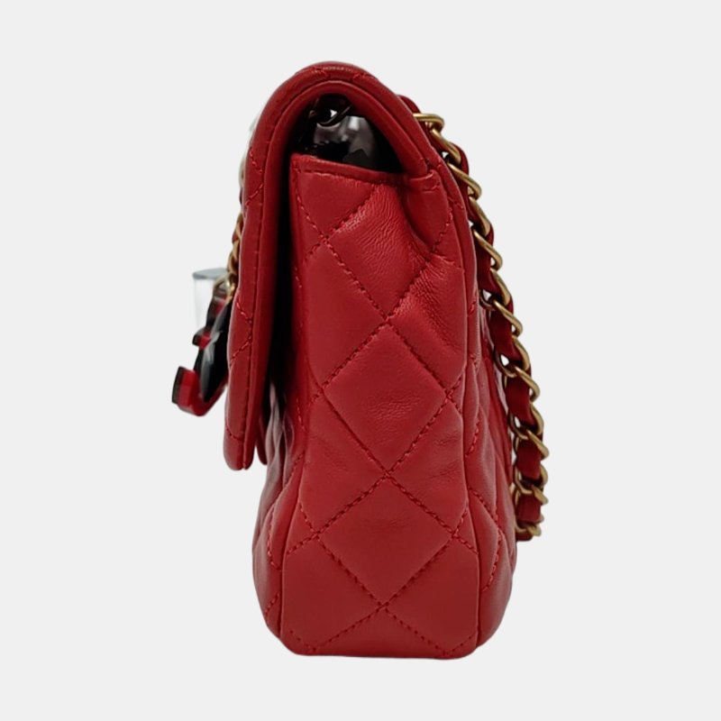 CHANEL CLASSIC FLAP中號紅色羊皮菱格紋徽章單肩包斜挎包金色黑色白色紅色五金14開-2