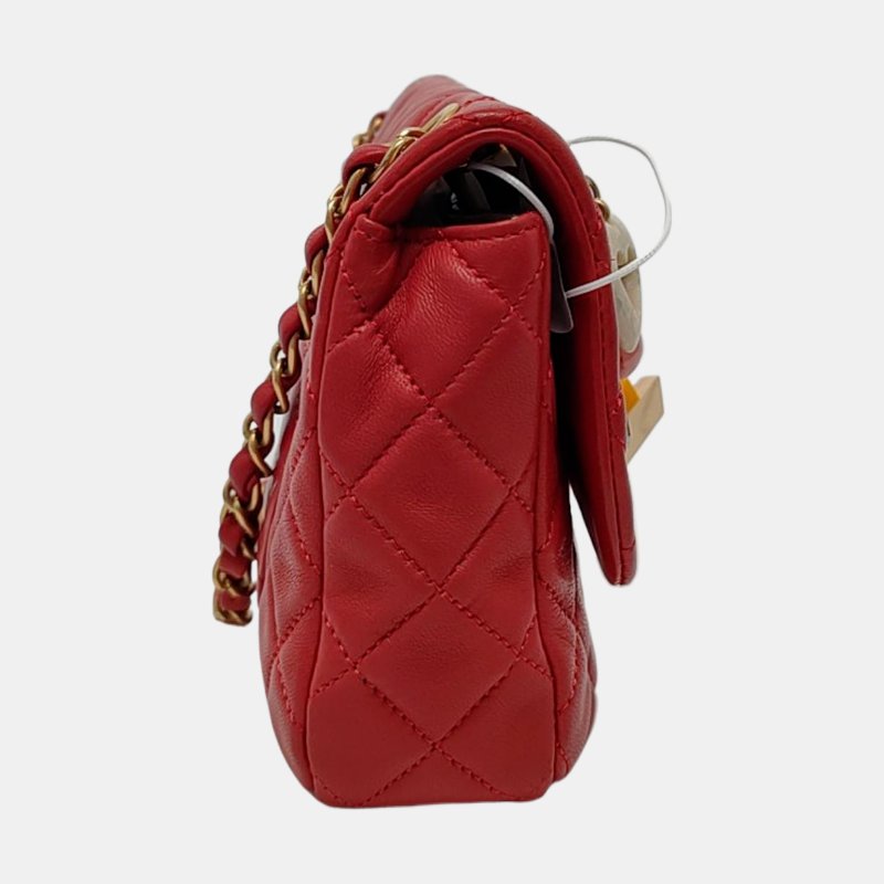 CHANEL CLASSIC FLAP中號紅色羊皮菱格紋徽章單肩包斜挎包金色黑色白色紅色五金14開-3