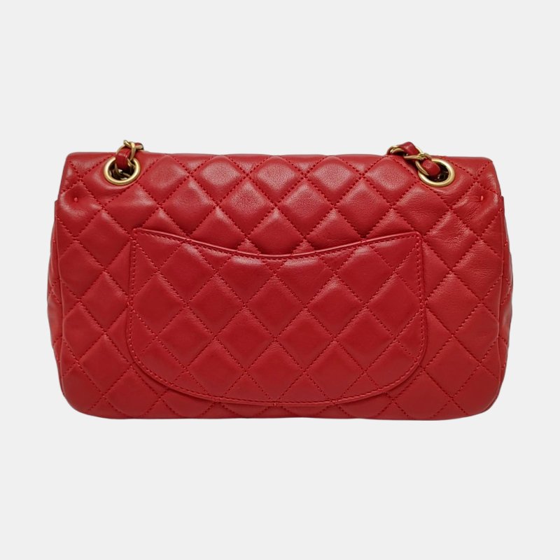CHANEL CLASSIC FLAP中號紅色羊皮菱格紋徽章單肩包斜挎包金色黑色白色紅色五金14開-4