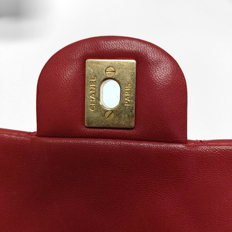 CHANEL CLASSIC FLAP中號紅色羊皮菱格紋徽章單肩包斜挎包金色黑色白色紅色五金14開-8