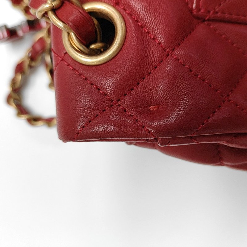 CHANEL CLASSIC FLAP中號紅色羊皮菱格紋徽章單肩包斜挎包金色黑色白色紅色五金14開-12