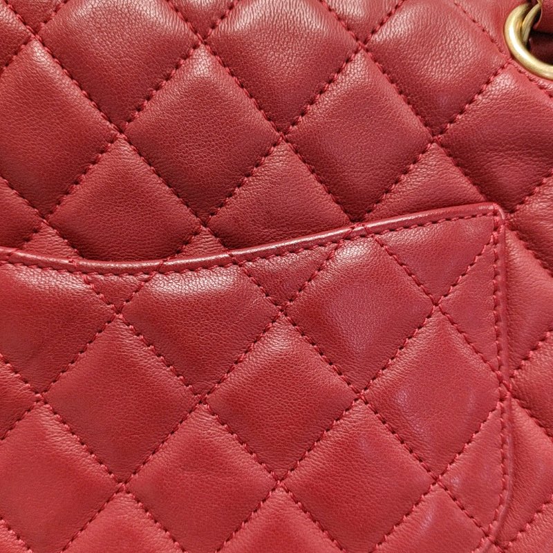 CHANEL CLASSIC FLAP中號紅色羊皮菱格紋徽章單肩包斜挎包金色黑色白色紅色五金14開-13
