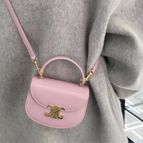 Celine mini Besace系列凱旋門櫻花粉金扣手柄馬鞍包手提肩背包15×10×5 98新盒子塵袋