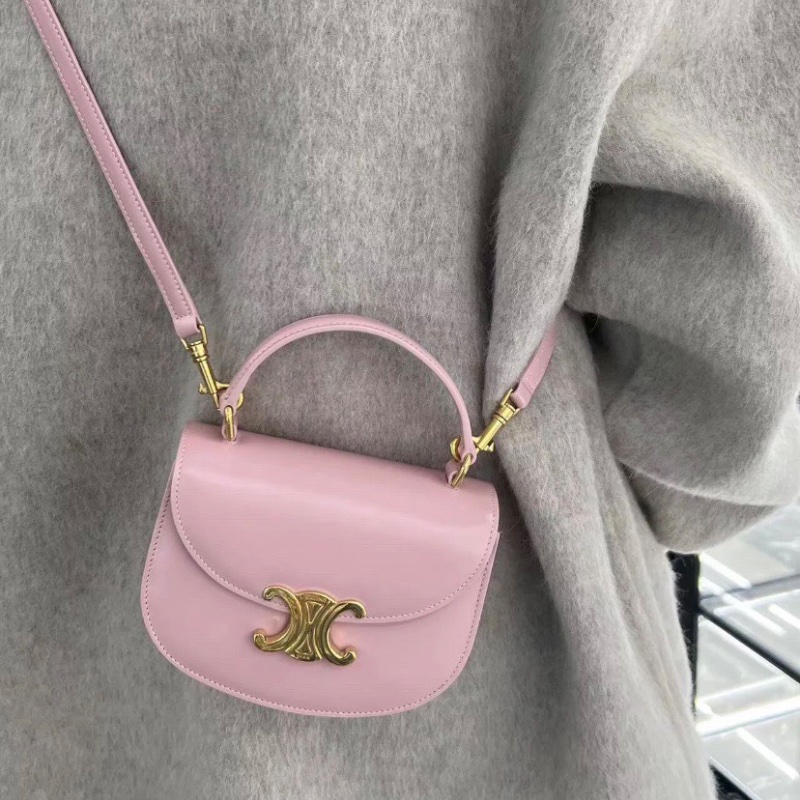 Celine mini Besace系列凱旋門櫻花粉金扣手柄馬鞍包手提肩背包15×10×5 98新盒子塵袋-0