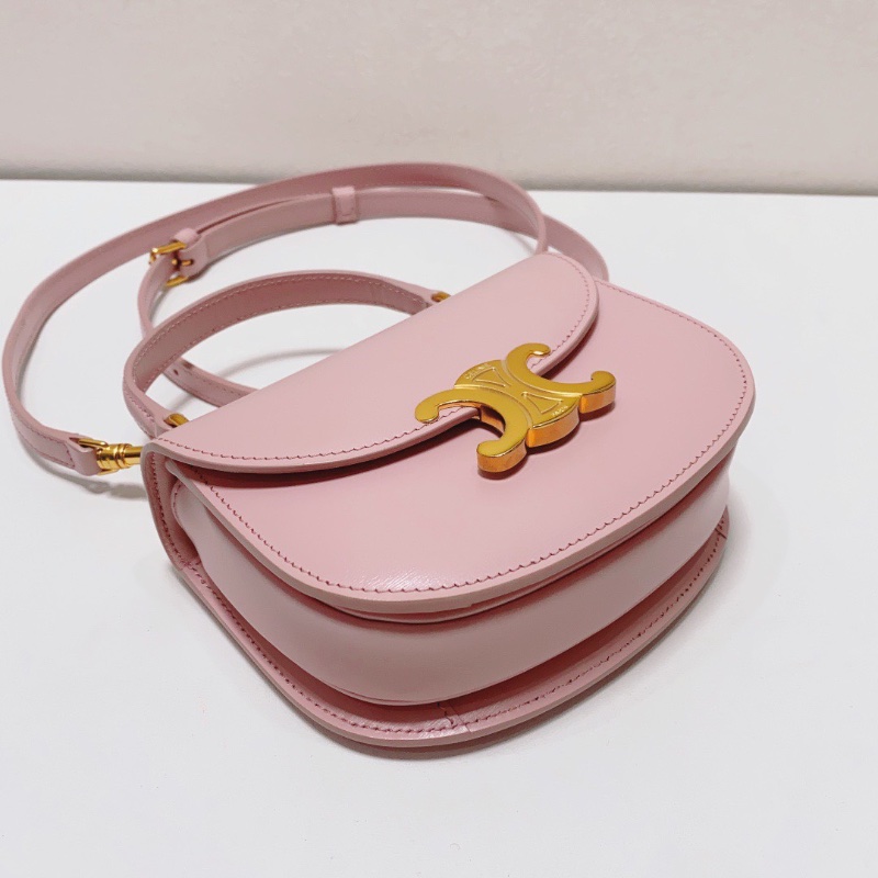 Celine mini Besace系列凱旋門櫻花粉金扣手柄馬鞍包手提肩背包15×10×5 98新盒子塵袋-3
