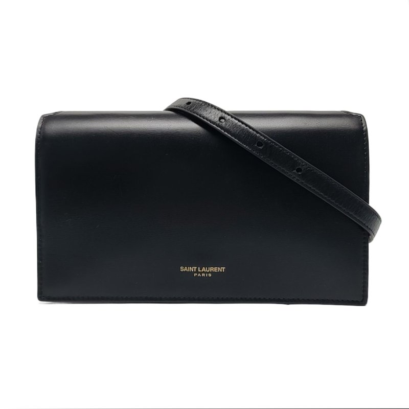 YSL 黑色牛皮斜挎包單肩包手拿包 金色五金 可拆卸肩帶-0