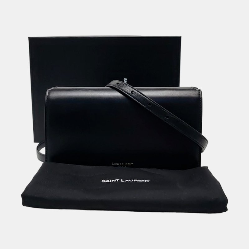 YSL 黑色牛皮斜挎包單肩包手拿包 金色五金 可拆卸肩帶-7