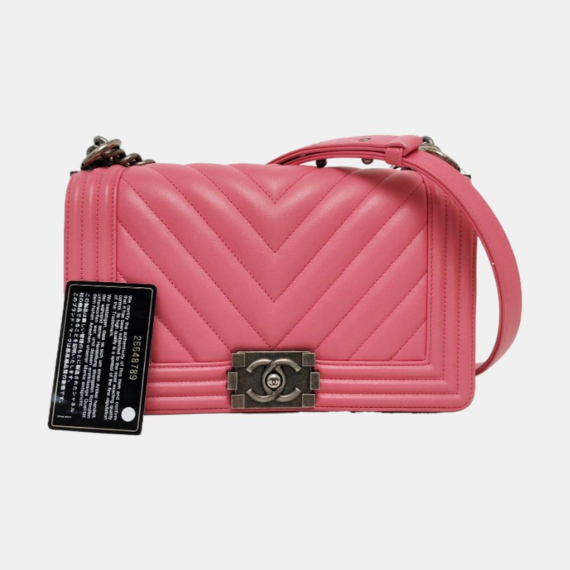 CHANEL BOY CHANEL中號粉色牛皮絎縫V紋單肩包斜挎包釕色五金26開可拆卸肩帶-7