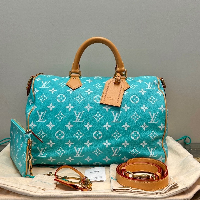 LV Speedy P9 Bandouliere 40綠松石子母手提肩背斜背包芯片款 40*26*23 全新閒置配件塵袋吊牌鎖鑰匙-1