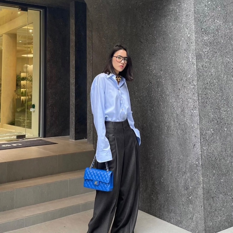 CHANEL 藍色銀扣荔枝牛皮CF大號jumbo肩背斜背包30*19.5*8 98新配件塵袋-0