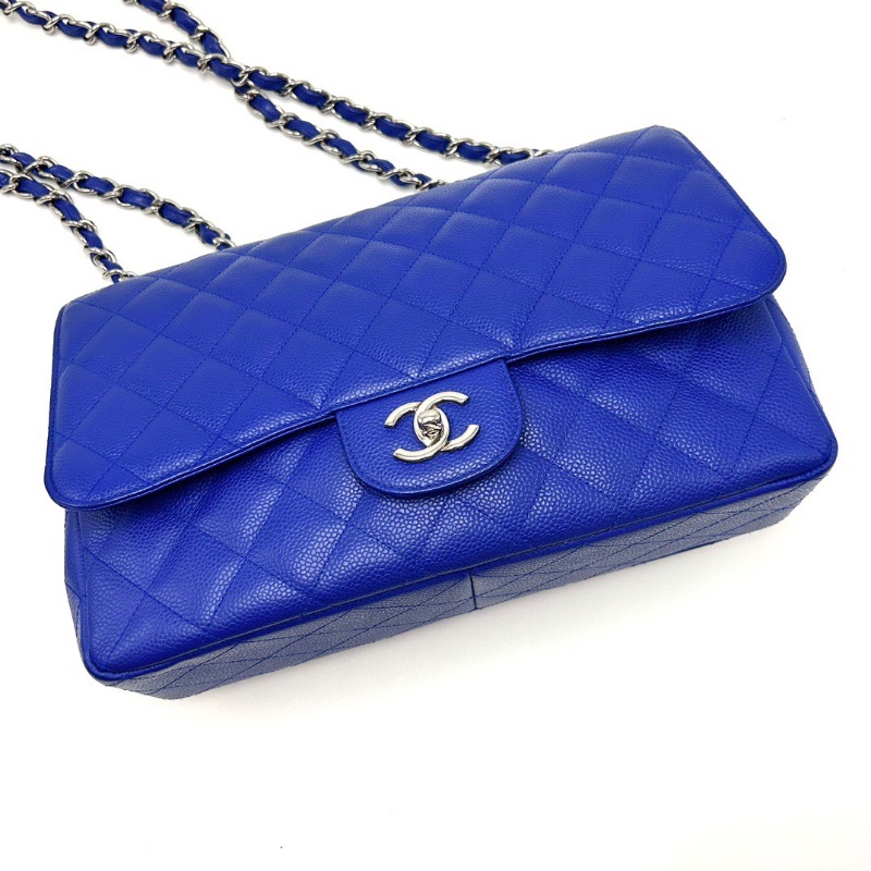 CHANEL 藍色銀扣荔枝牛皮CF大號jumbo肩背斜背包30*19.5*8 98新配件塵袋-3