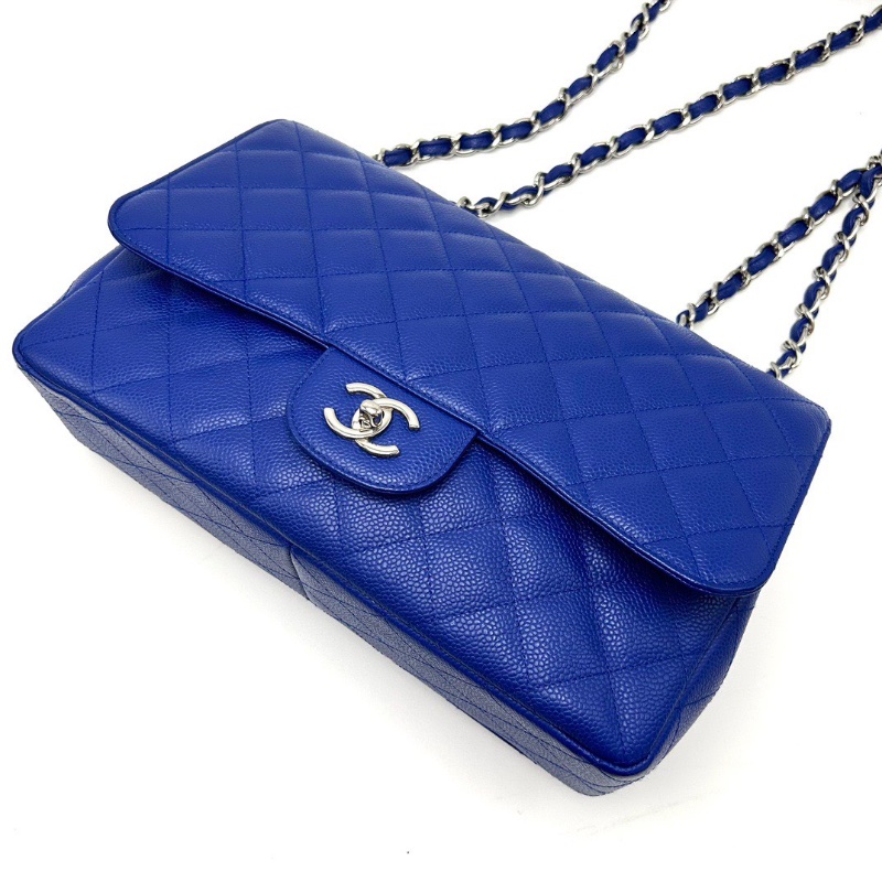 CHANEL 藍色銀扣荔枝牛皮CF大號jumbo肩背斜背包30*19.5*8 98新配件塵袋-5