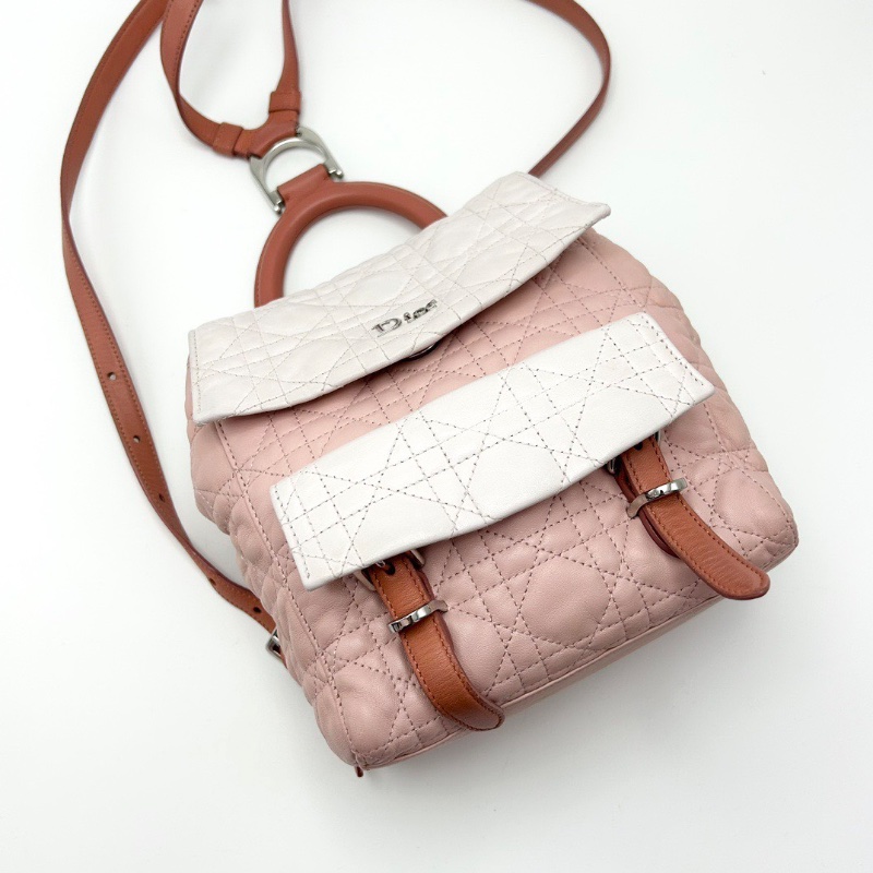 DIOR 拼色銀扣菱格紋後背包18*22*10 98新配件塵袋-3