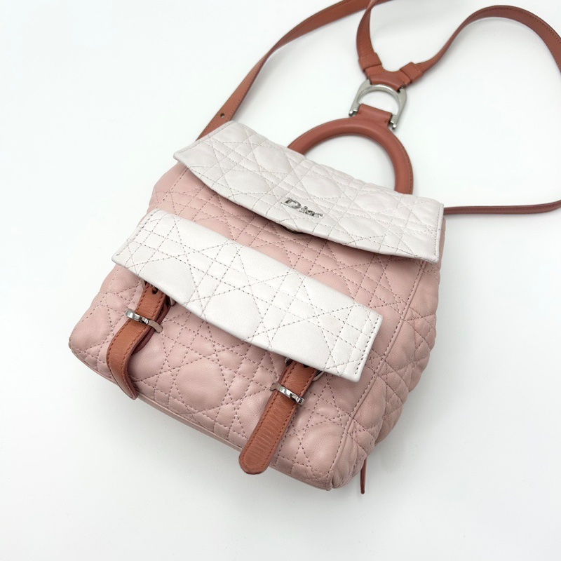 DIOR 拼色銀扣菱格紋後背包18*22*10 98新配件塵袋-5