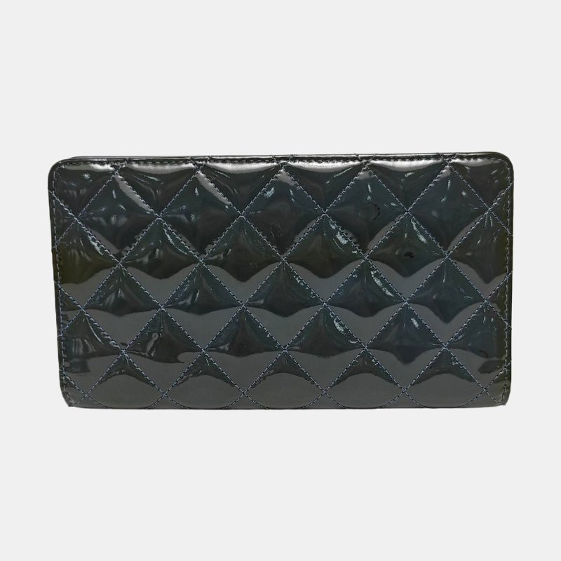 CHANEL深藍色漆皮菱格紋絎縫錢包銀色五金15開-4