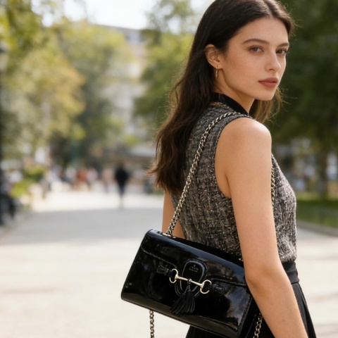 GUCCI Emily系列黑金漆皮馬銜扣肩背斜背鏈條包 30*18*8 98新配件塵袋購證