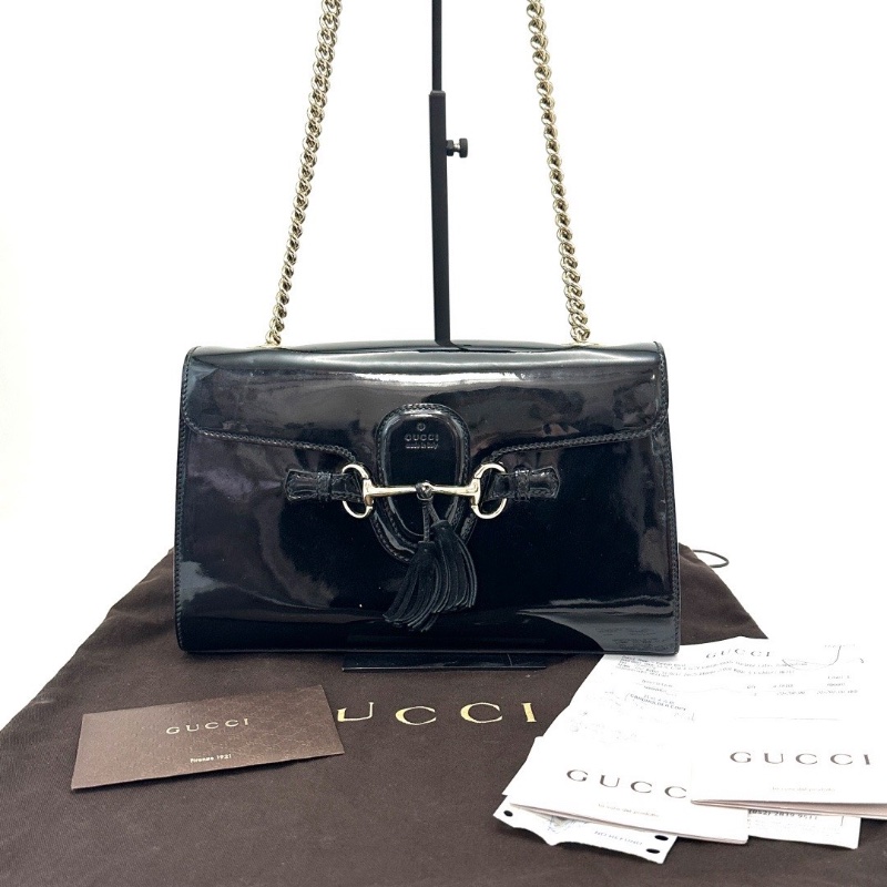 GUCCI Emily系列黑金漆皮馬銜扣肩背斜背鏈條包 30*18*8 98新配件塵袋購證-1