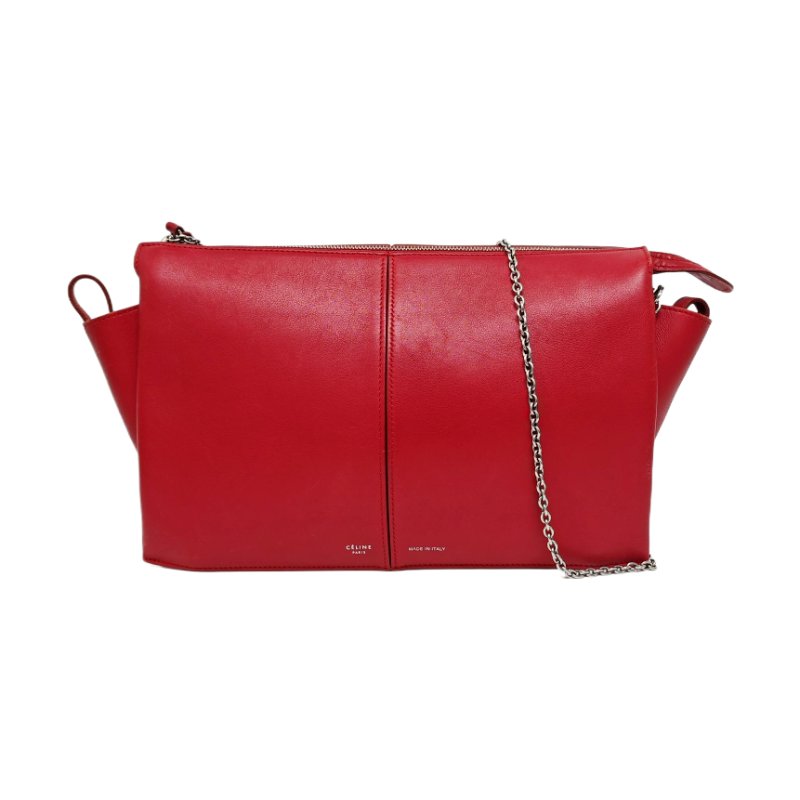 CELINE TRI FOLD紅色牛皮絎縫單肩包斜挎包銀色五金可拆卸肩帶-0