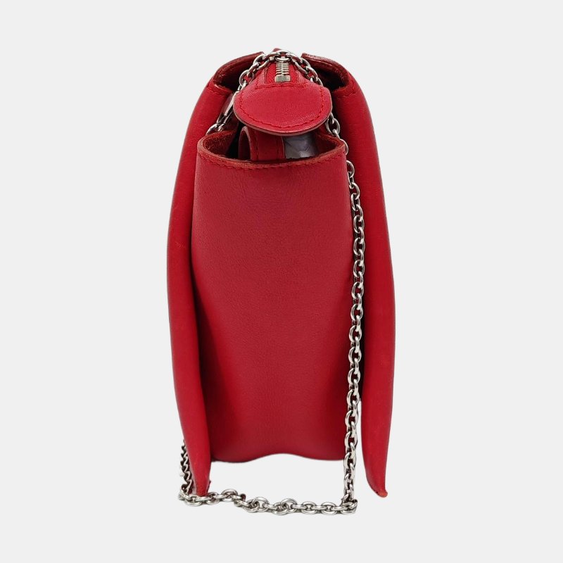 CELINE TRI FOLD紅色牛皮絎縫單肩包斜挎包銀色五金可拆卸肩帶-2