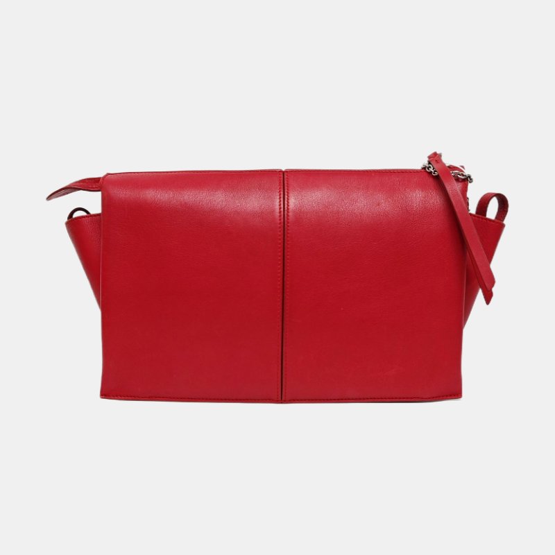 CELINE TRI FOLD紅色牛皮絎縫單肩包斜挎包銀色五金可拆卸肩帶-4