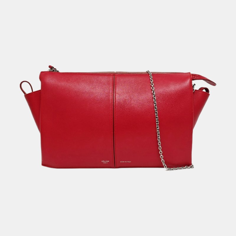CELINE TRI FOLD紅色牛皮絎縫單肩包斜挎包銀色五金可拆卸肩帶-7