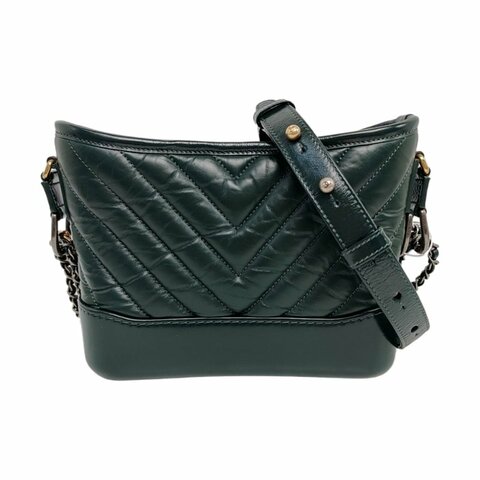 CHANEL GABRIELLE小號深綠色牛皮絎縫V紋流浪包單肩包斜挎包金色銀色釘色五金26開可拆卸肩帶