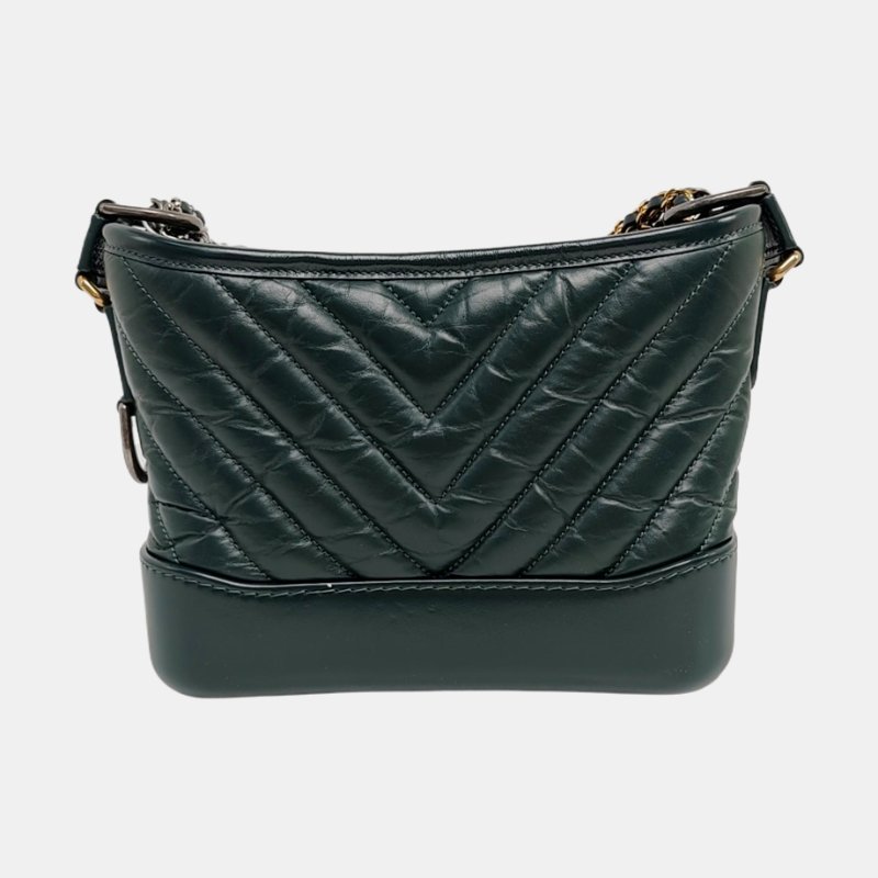 CHANEL GABRIELLE小號深綠色牛皮絎縫V紋流浪包單肩包斜挎包金色銀色釘色五金26開可拆卸肩帶-4