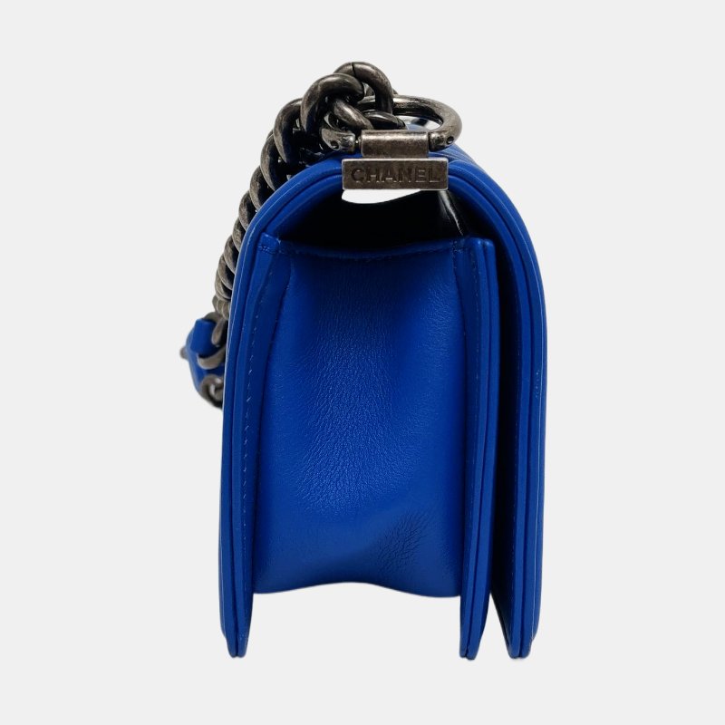 CHANEL BOY CHANEL小號藍色牛皮絎縫V紋單肩包斜挎包釘色五金22開可拆卸肩帶-3