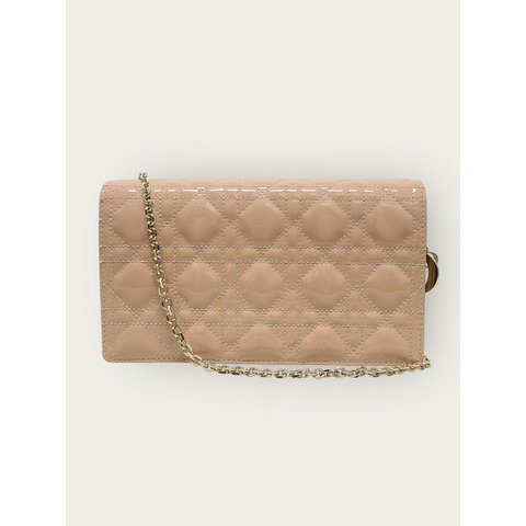 【包稅】DIOR 米色漆皮藤格紋女士鏈條手拿包/單肩包