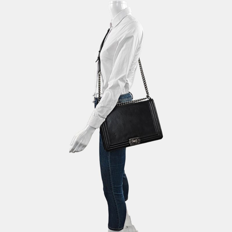 CHANEL BOY CHANEL Maxi 超大號黑色牛皮浮雕單肩包斜挎包釘色五金15開可拆卸肩帶-1