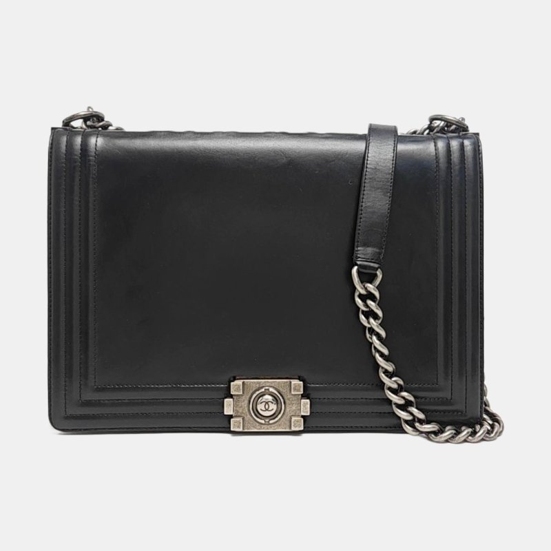 CHANEL BOY CHANEL Maxi 超大號黑色牛皮浮雕單肩包斜挎包釘色五金15開可拆卸肩帶-7