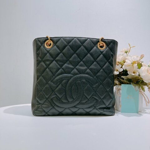 TW4678 Chanel香奈兒  菱格紋 金扣 鏈帶托特包Petite Shpping Tote Bag  Black x GHW Caviar
