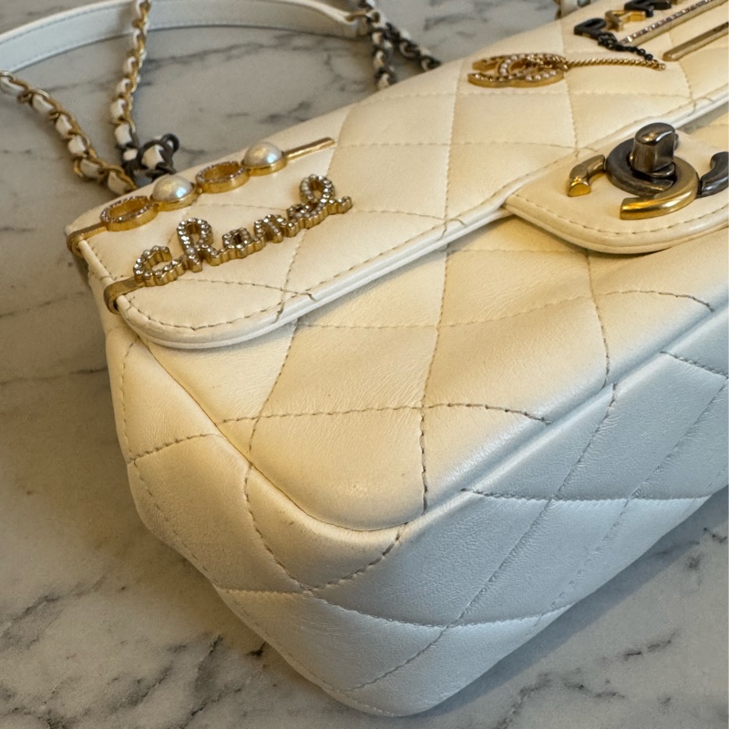 Chanel白羊皮珍珠徽章鴛鴦雙C口蓋鏈背包-9