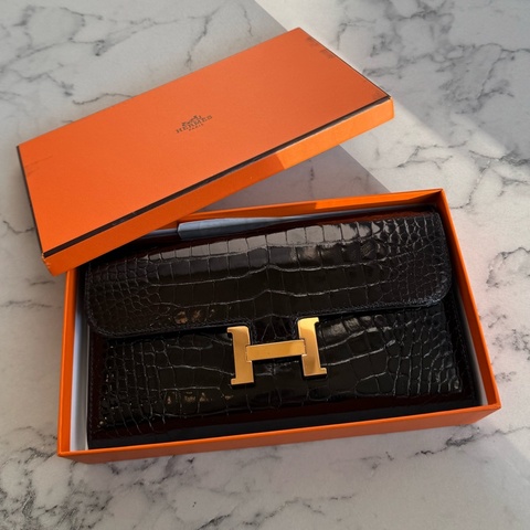 Hermes黑鱷魚玫瑰金H康康長夾