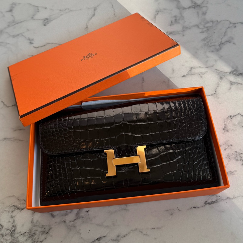 Hermes黑鱷魚玫瑰金H康康長夾-0