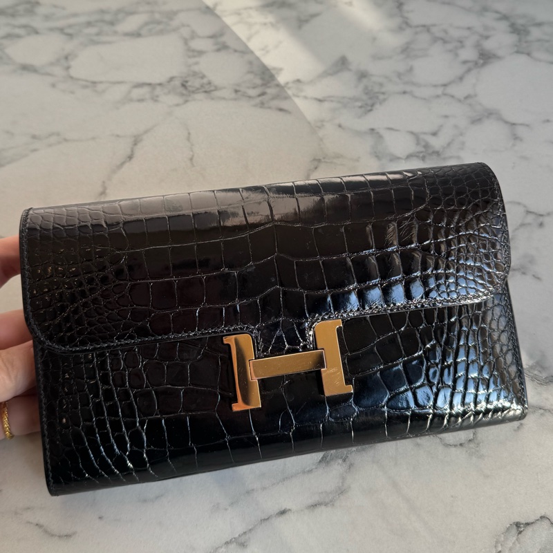 Hermes黑鱷魚玫瑰金H康康長夾-1