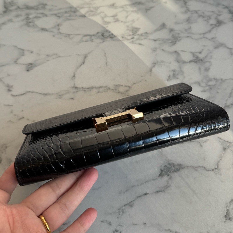 Hermes黑鱷魚玫瑰金H康康長夾-5