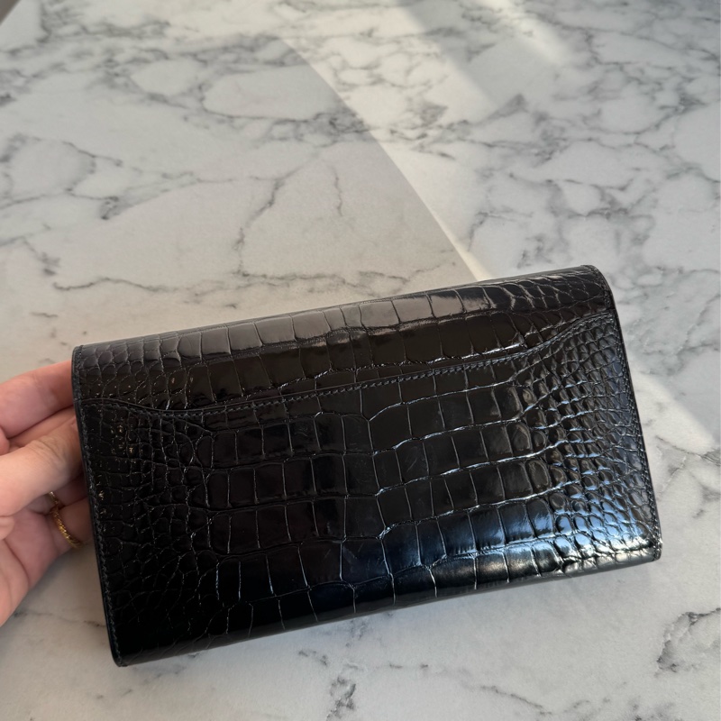 Hermes黑鱷魚玫瑰金H康康長夾-6