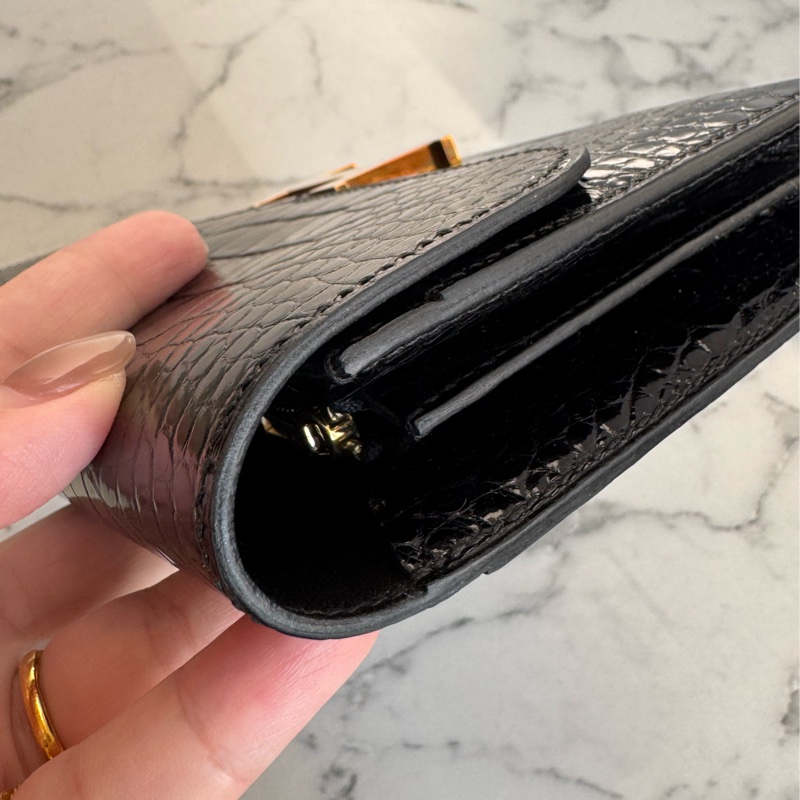 Hermes黑鱷魚玫瑰金H康康長夾-8