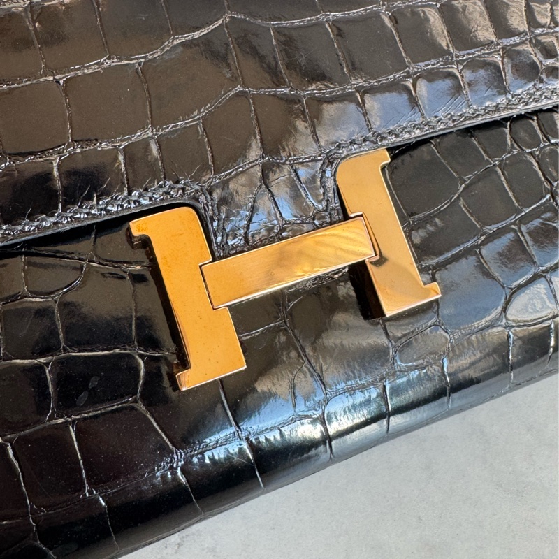 Hermes黑鱷魚玫瑰金H康康長夾-11