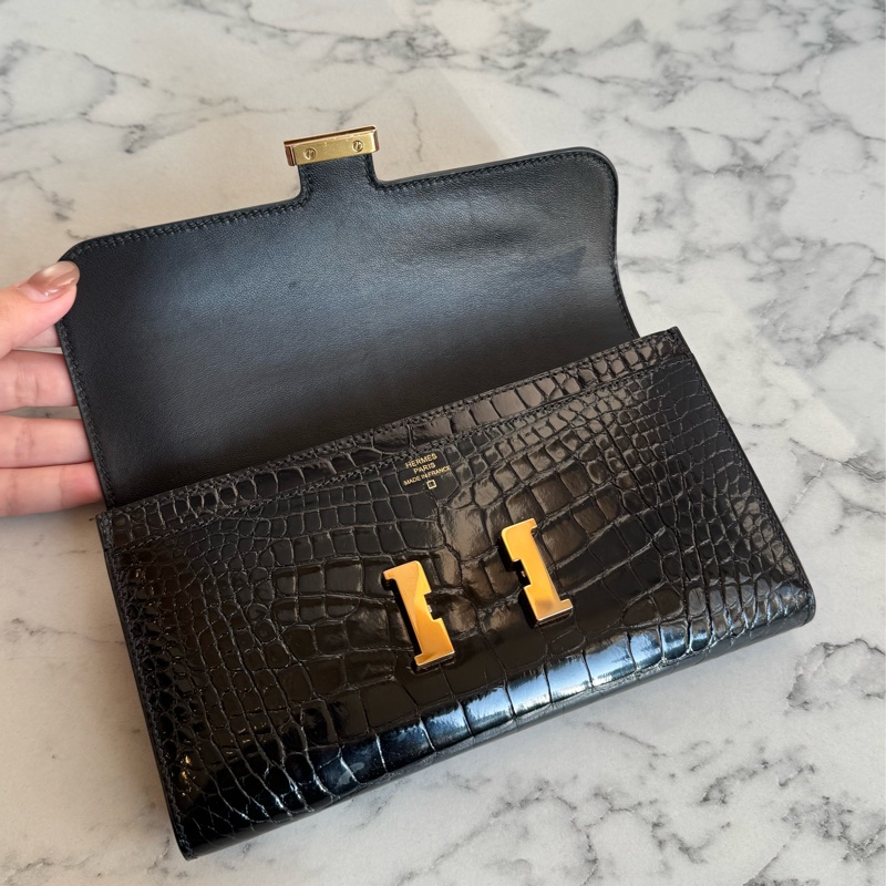 Hermes黑鱷魚玫瑰金H康康長夾-12