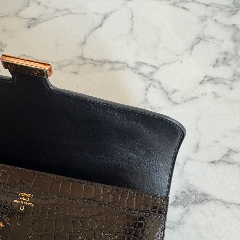 Hermes黑鱷魚玫瑰金H康康長夾-15