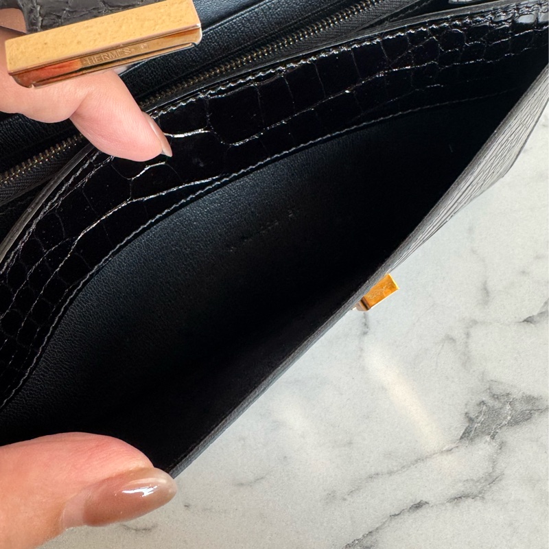 Hermes黑鱷魚玫瑰金H康康長夾-29