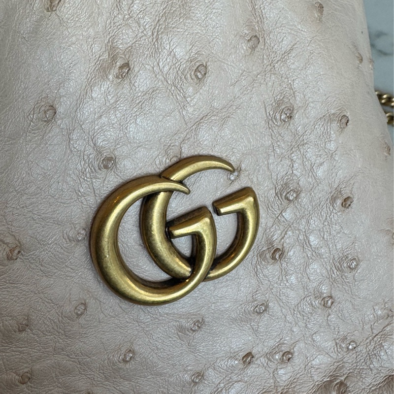 Gucci米膚色鴕鳥皮金雙G水桶包-12